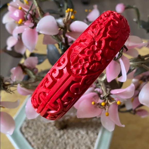 Vintage Jewelry - Vintage engraved cinnabar bangle